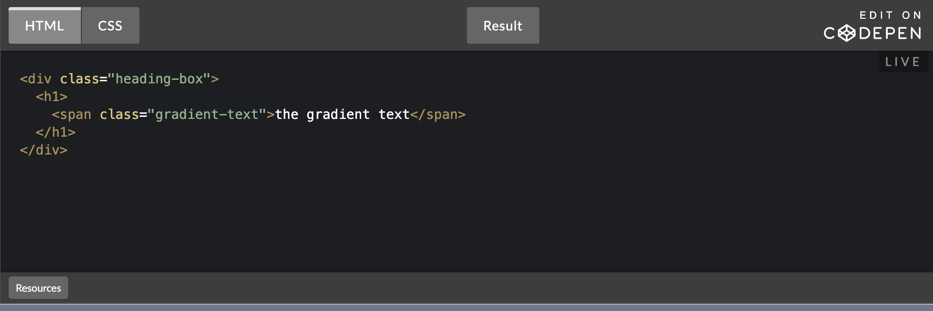 CodePenの設定項目「Default Tabs」で「HTML」のみを選択した場合の表示例