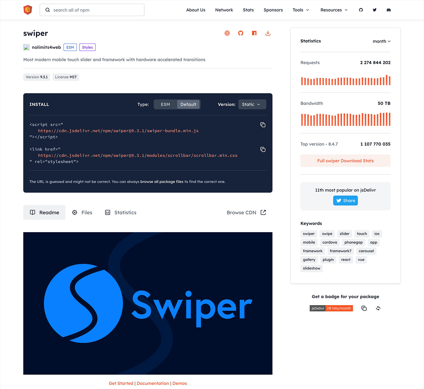 Swiperのファイルをダウンロードできるjsdelivrのページ