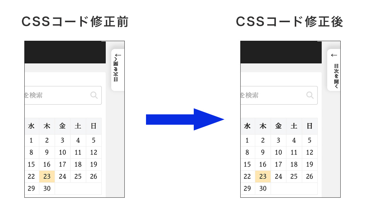 「Sticky TOC」の「Open Button Text」の日本語文字列が逆さまになる状態と修正後の状態