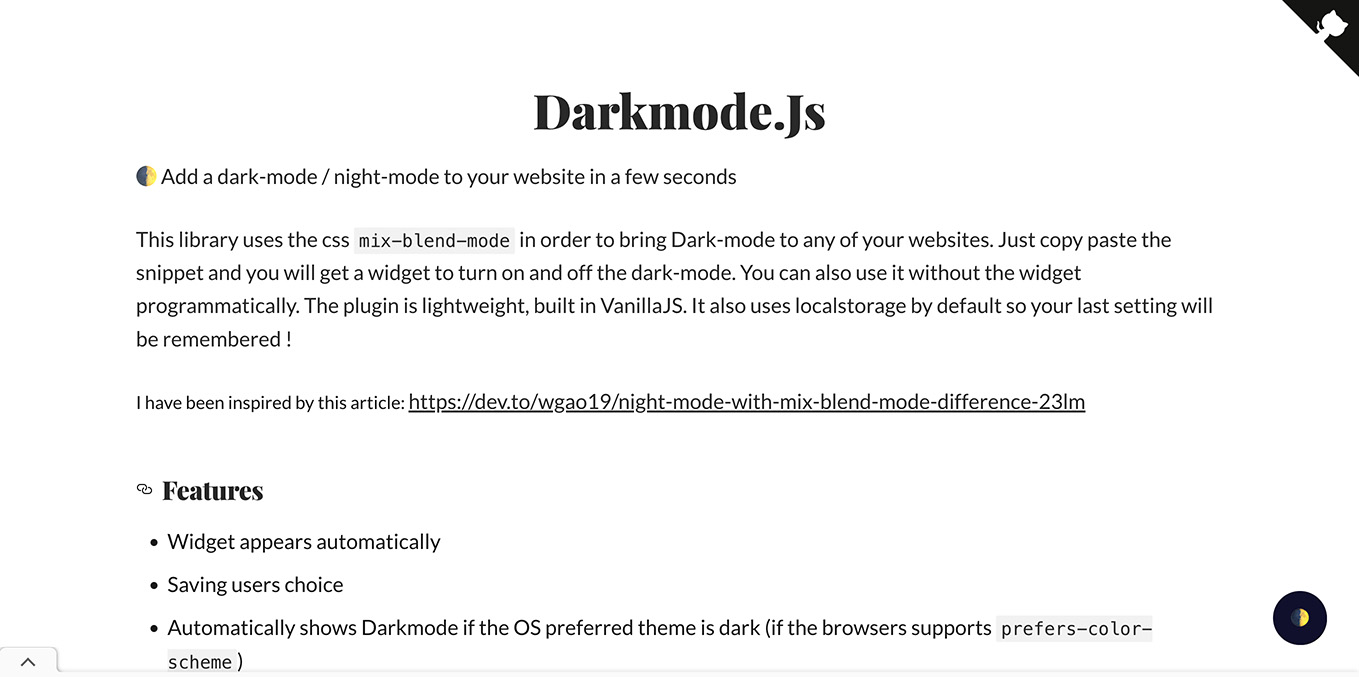 Darkmode.jsのサイトのスクリーンショット